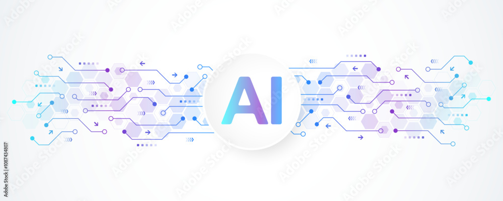 Poster AI Banner Concept In The Digital Style. Generative Ideas Design Element For Internet Technology. Futuristic Technology Concept Artificial Intelligence