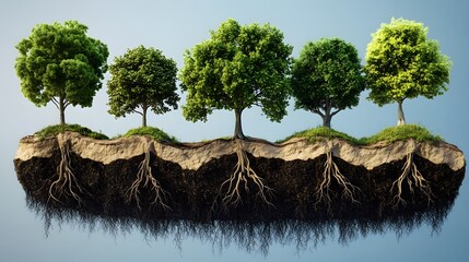 Trees rooted on Earth's surface, showing harmony between humanity and nature, emphasizing sustainable living.