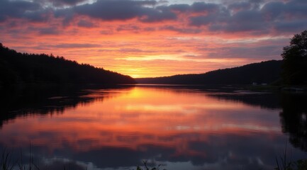 Vibrant sunset over serene lake