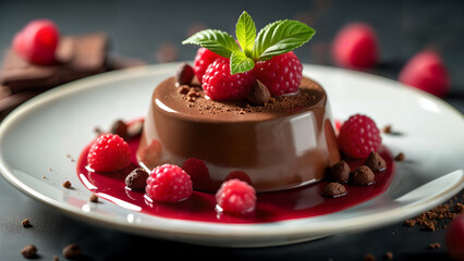 A Beautifully Crafted Chocolate Panna Cotta Elegantly Pairing Refreshing Raspberry Jelly and Chocolate Pieces