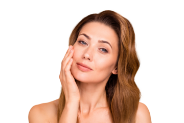 Close up photo beautiful amazing mature she her lady overjoyed after salon spa procedures aesthetic pretty ideal appearance nude arm hand palm touch cheek perfection isolated pastel beige background