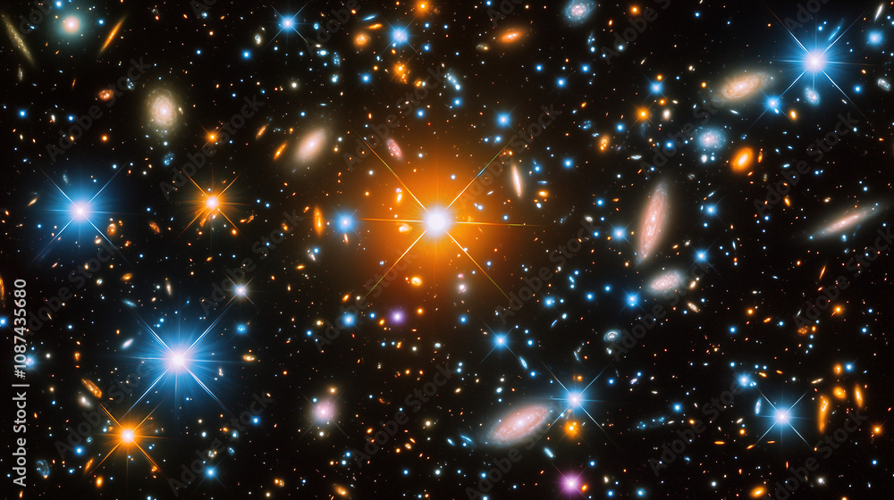 Poster a stunning view of distant galaxies and stars illuminated against a dark cosmic backdrop. generative
