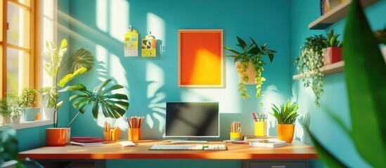 Modern home office with a computer, plants, and sunlight streaming in the window.