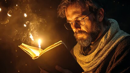 A man reading a book while holding a candle illumination background art Video