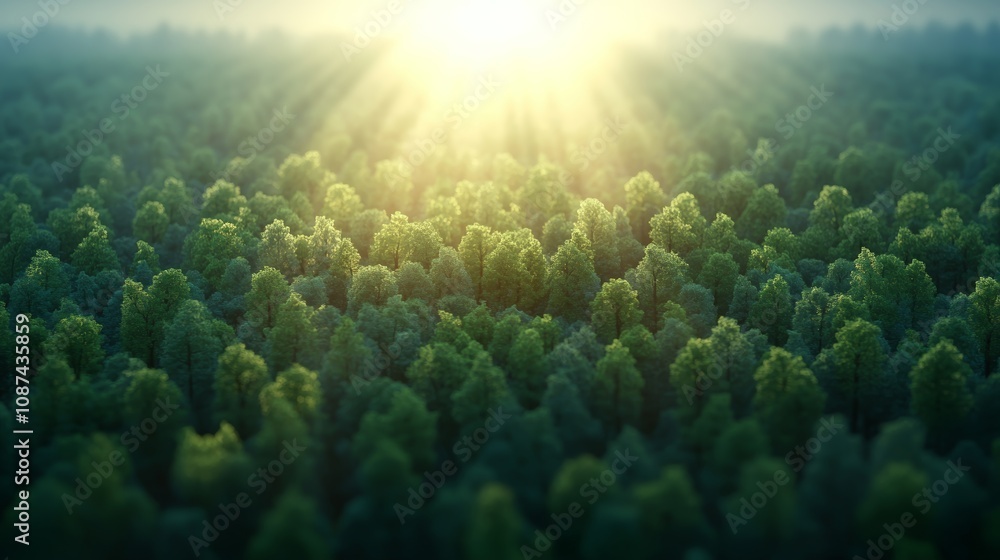 Poster serene forest with tall trees and sunlight filtering through