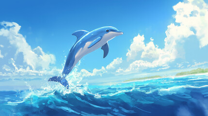 A dolphin bending like an arc and swmming in sea water in the tidal waves.