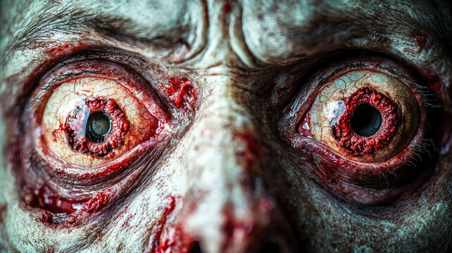 Closeup of zombie eyes with decayed skin and blood details