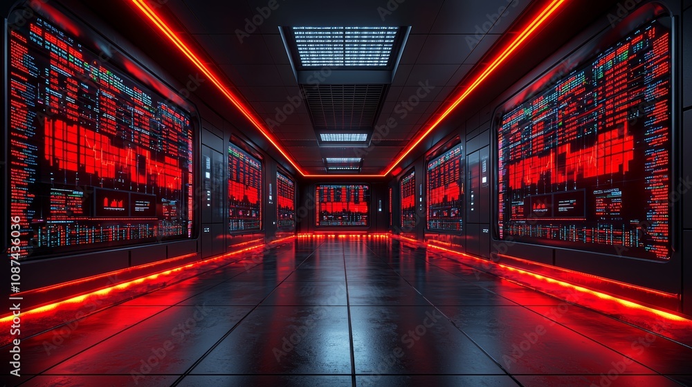 Poster abandoned trading floor with red computers
