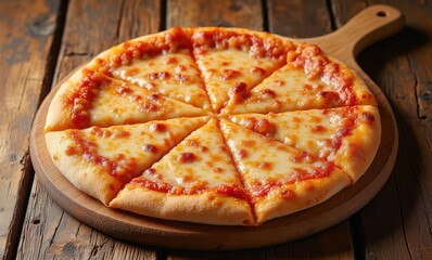 Delicious cheese pizza on wooden board