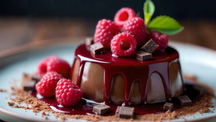 Luxurious Chocolate Panna Cotta with Velvety Raspberry Jelly and Fresh Raspberries Artfully Presented for Dessert Lovers