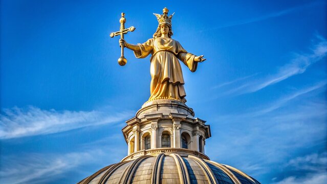 Stunning Macro Photography of the Dome and Lady Justice Statue atop the Old Bailey in London, Capturing Architectural Elegance and Historical Significance in Detail