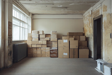 Empty room with stacked boxes.
