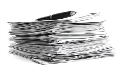 Stack of professional business documents with pen resting on top, isolated with clean background space.