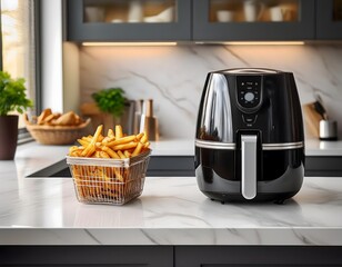 A sleek modern air fryer in a minimalist kitchen, with a basket full of golden, crispy fries, set against a white marble countertop and soft lighting