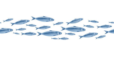 Sardine fish in seamless horizontal border swimming in a shoal stylized watercolor illustration on a transparent background for fish restaurants, websites, posters, fish markets and stores © AnKa