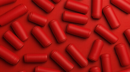 Red cylindrical containers arranged on a red background, creating a seamless, monochromatic pattern with uniform texture and lighting.