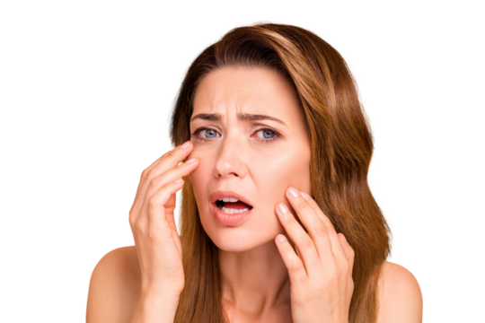 Close up photo beautiful amazing mature she her lady crying oh no facial expression hold hands arms facial eyelid skin terrible result using cream wrinkled more nude isolated pastel beige background