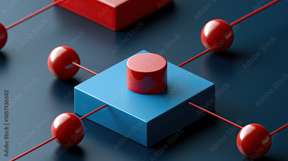 Poster 3d geometric shapes in vibrant colors connected by lines, creating modern design