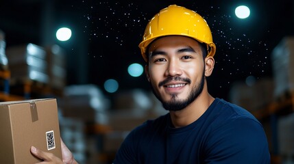 Photograph of a worker scanning a QR code on a package in a warehouse with a digital overlay of blockchain tracking information