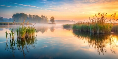 Fototapeta premium A serene landscape with a misty lake, a single tree in the distance, and reflections of the surrounding vegetation in the calm water.
