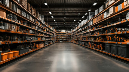Wide-angle view of a hardware store aisle with shelves stocked with tools, paint cans, and construction materials in an indoor setting under fluorescent lighting.