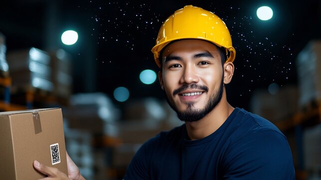Photograph of a worker scanning a QR code on a package in a warehouse with a digital overlay of blockchain tracking information