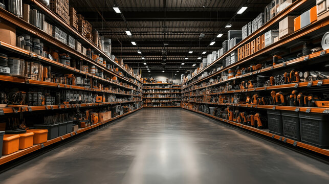 Wide-angle view of a hardware store aisle with shelves stocked with tools, paint cans, and construction materials in an indoor setting under fluorescent lighting.