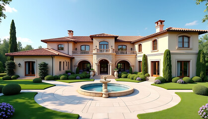A grand Mediterranean villa featuring terracotta roofs, arched windows, stone walls, and a sprawling courtyard with a fountain, surrounded by lush landscaping under a clear blue sky.