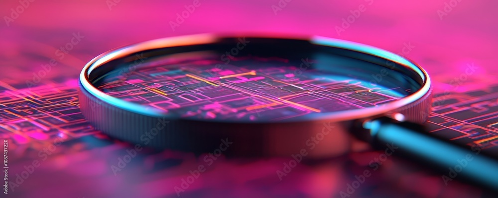 Poster magnifying lens focused on tech patterns