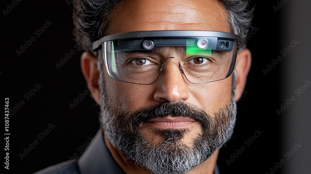 Poster portrait of a professional developer wearing augmented reality glasses using advanced technology too