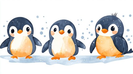 Fototapeta premium Cute Cartoon Penguins on a Snowy Background
