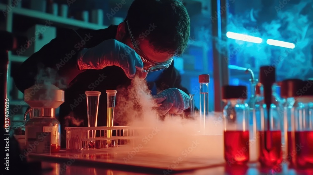 Poster scientist conducts experiment with dry ice and test tubes