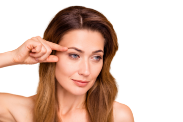 Close up photo beautiful amazing mature she her lady look empty space show great got much younger eyebrow line result using cream injections anti-age procedures nude isolated pastel beige background