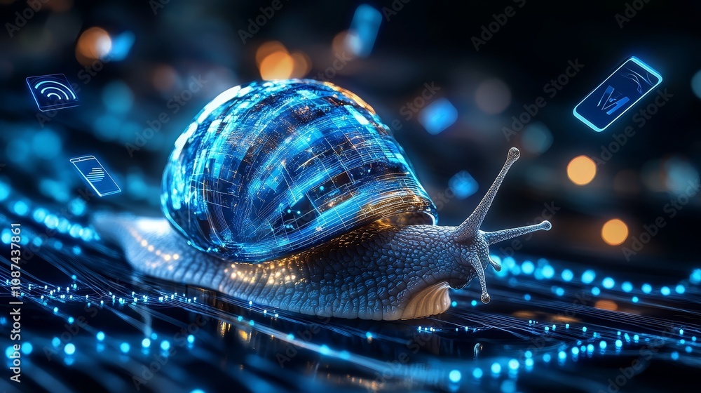 Poster futuristic snail with a glowing digital circuit board shell crawling on a network of connections, sy