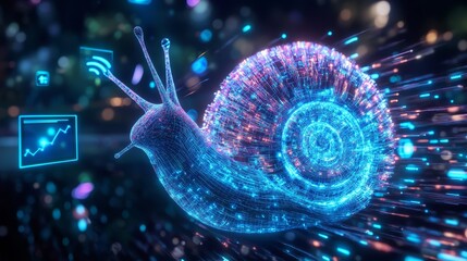 Holographic projection of a snail with light trails symbolizing slow internet speed, with icons representing wifi signal and positive growth chart in the background