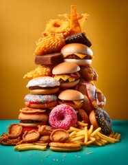 Colorful Overflowing Pile of Assorted Junk Food on Vibrant Background