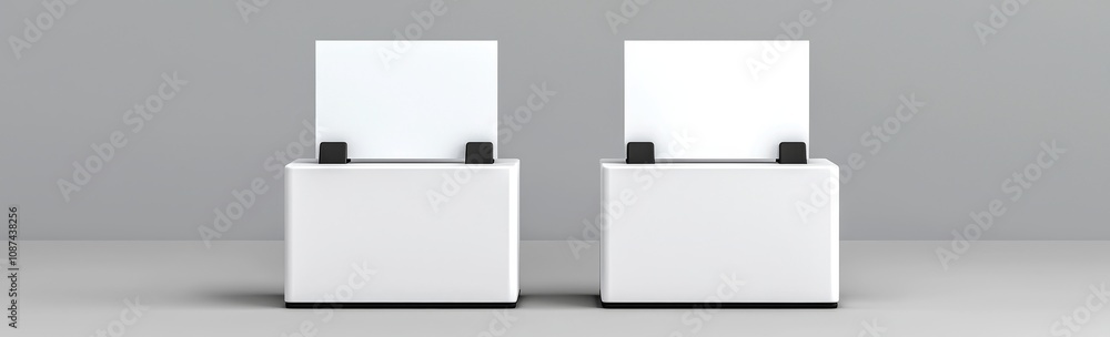 Aufkleber identificaiton tag stand, clear acrylic frame for nameplate on gray background. modern realistic moc