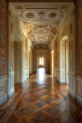Obraz premium An ornate, vintage hallway with intricate ceiling and floor designs, adorned with warm colors and decorative details.