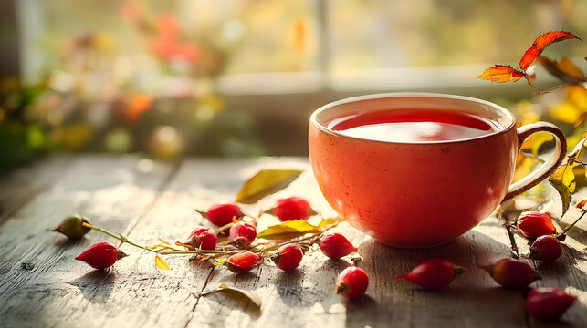 Cup of rosehip tea with fresh rose hips on wooden table, cozy atmosphere, natural light