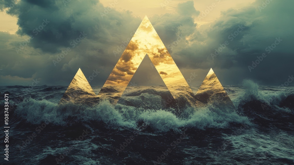 Poster golden mountain range shaped by three triangles emerging from a rough sea with waves and cloudy sky 
