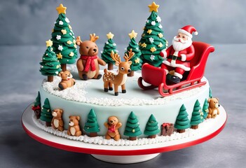 A Christmas cake with festive decorations including a Santa and reindeer figurine, a Christmas tree, and a sleigh.