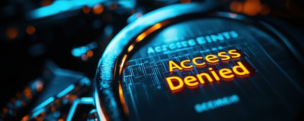 A close-up image showing a digital access control interface displaying the message "Access Denied" in bright orange against a dark, tech-themed background.