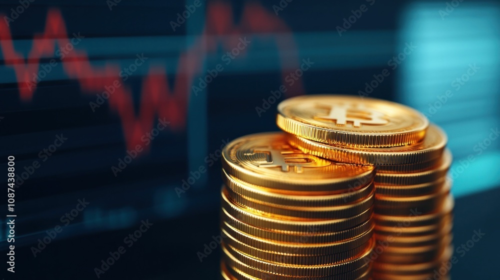 Poster stack of bitcoin coins with market chart in background