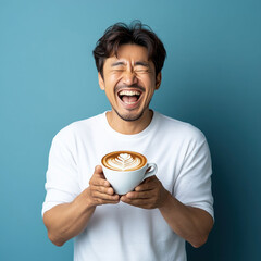 Happy Asian Man Enjoying a Coffee Cup