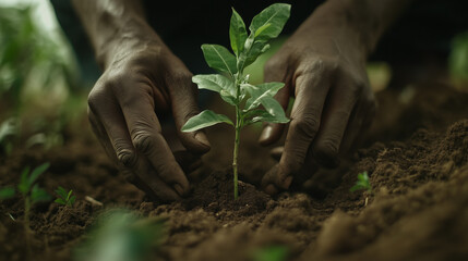 A close-up of an African man's hands planting a small sapling in fertile soil, symbolizing growth, sustainability, and environmental care. Concept for reforestation, agriculture, conservation