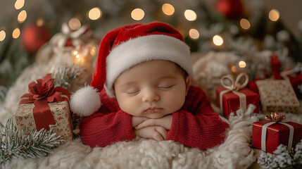  Sleeping Baby in Santa Hat with Cozy Christmas Decor & Wrapped Gifts