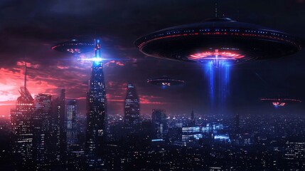Obraz premium Futuristic Cityscape Under Alien Attack - Vibrant Lights and Tension in Photorealistic Night Scene