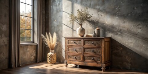 Sunlight streams through a window illuminating a rustic wooden dresser with ornate carvings and a vase of dried flowers on top