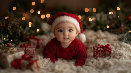 Cute Baby in Santa Hat Amid Christmas Gifts & Festive Greenery