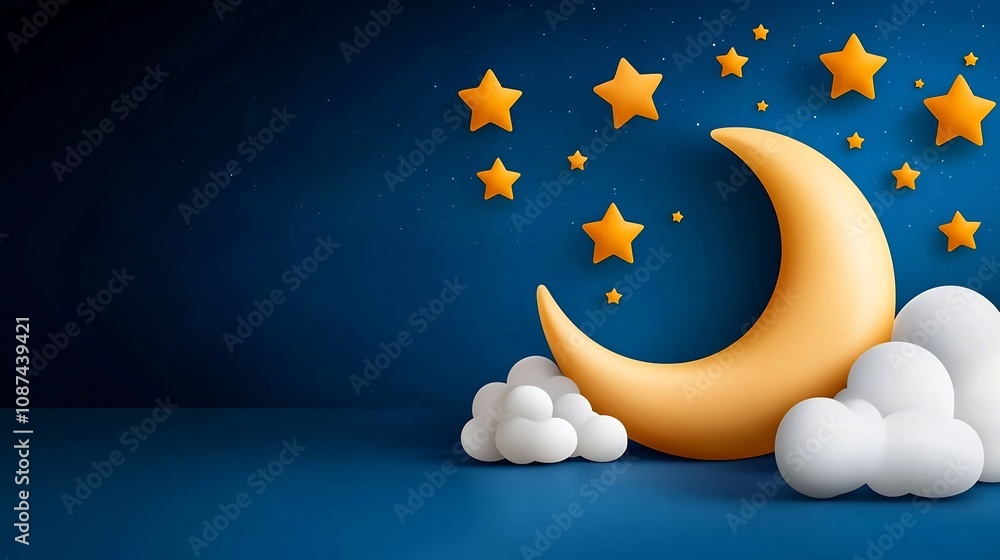Poster tranquil and dreamy minimalist flat design of a crescent moon surrounded by twinkling stars on a ser